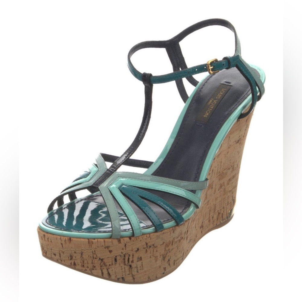 LOUIS VUITTON Summertime Blue Vernis Leather Wedge Sandals